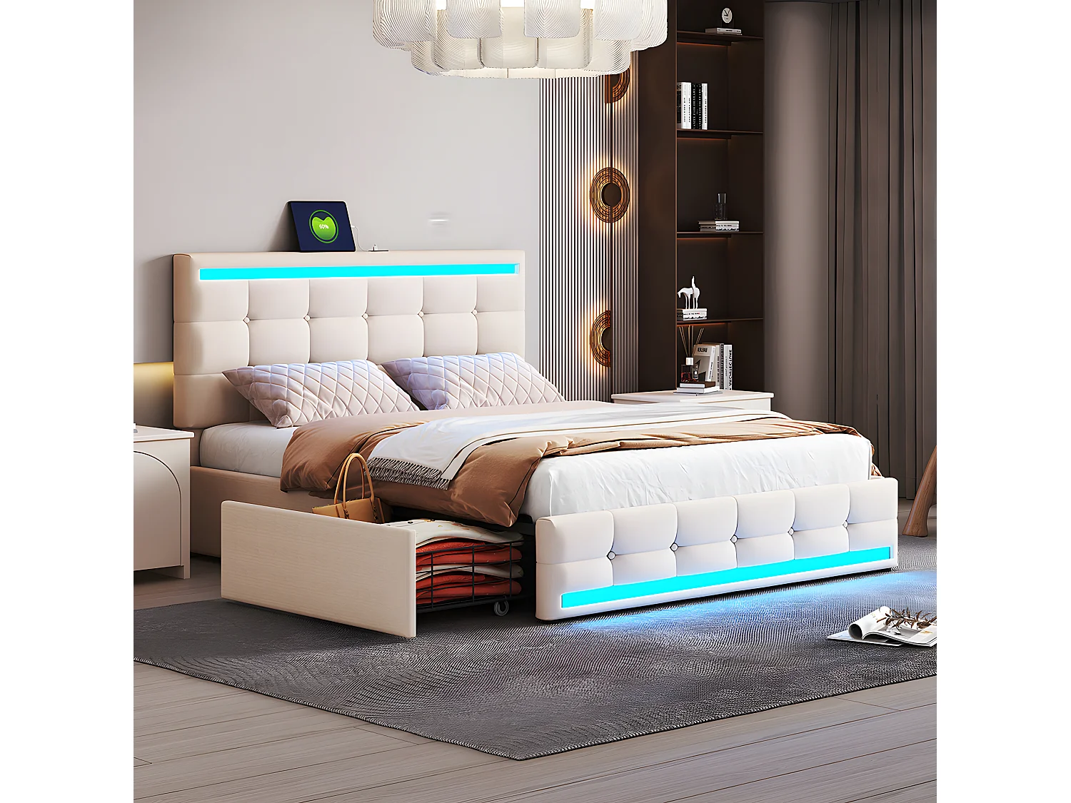 Lit avec tiroirs - 140 x 200 avec 2 stations de charge USB - avec lampes à LED - Beige - Sweiko