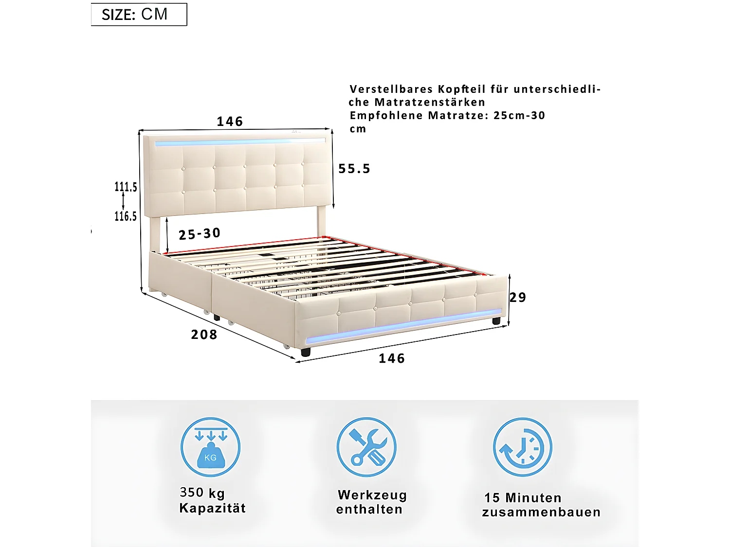 Lit avec tiroirs - 140 x 200 avec 2 stations de charge USB - avec lampes à LED - Beige - Sweiko