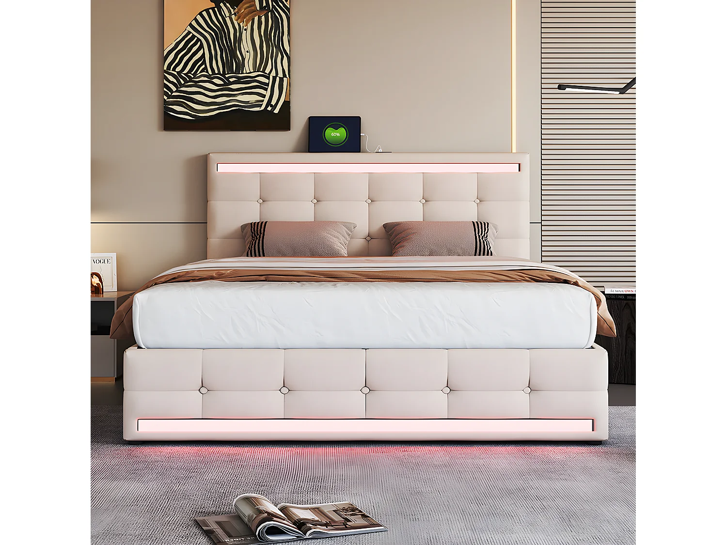 Lit avec tiroirs - 140 x 200 avec 2 stations de charge USB - avec lampes à LED - Beige - Sweiko