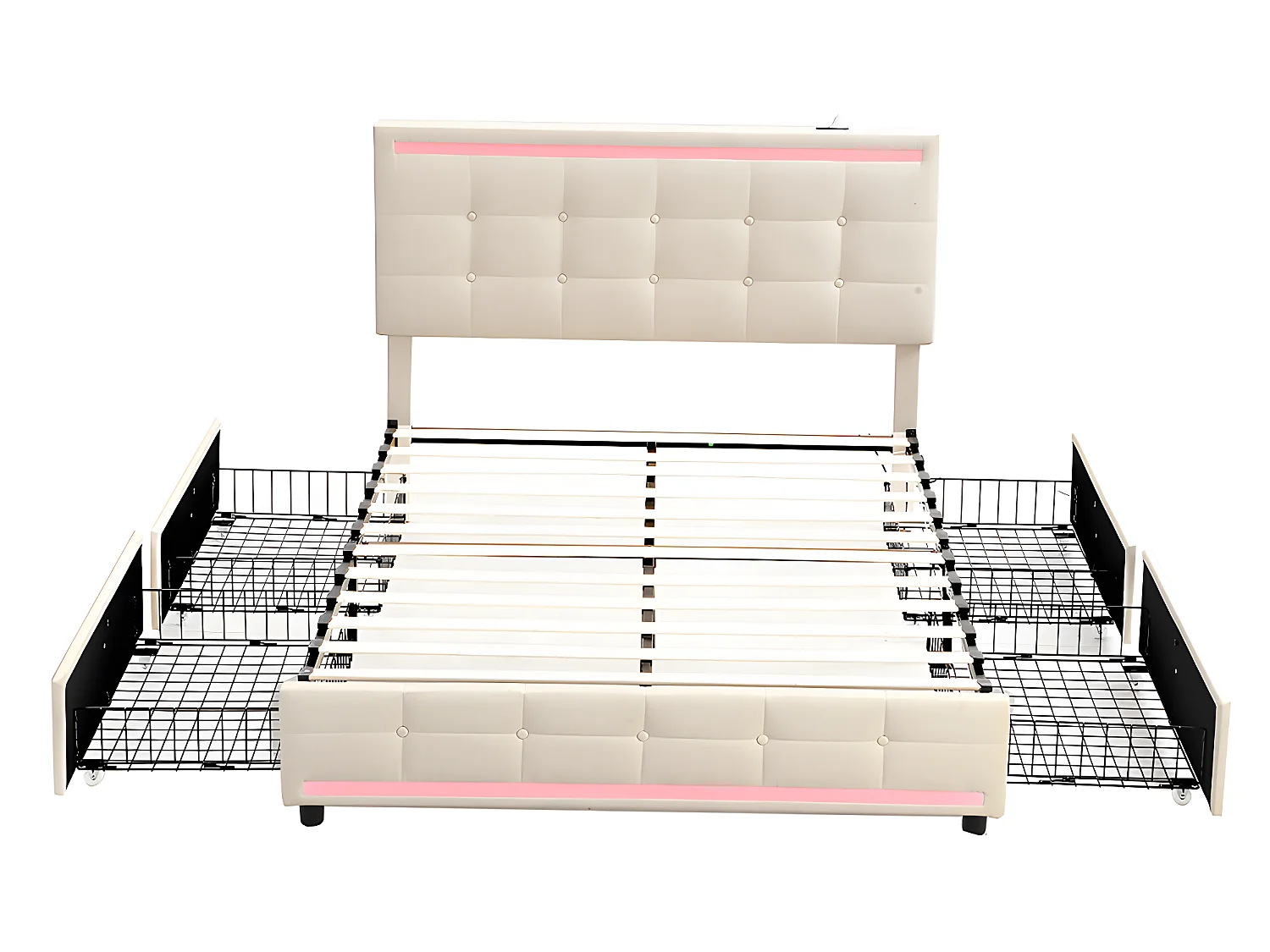 Lit avec tiroirs - 140 x 200 avec 2 stations de charge USB - avec lampes à LED - Beige - Sweiko