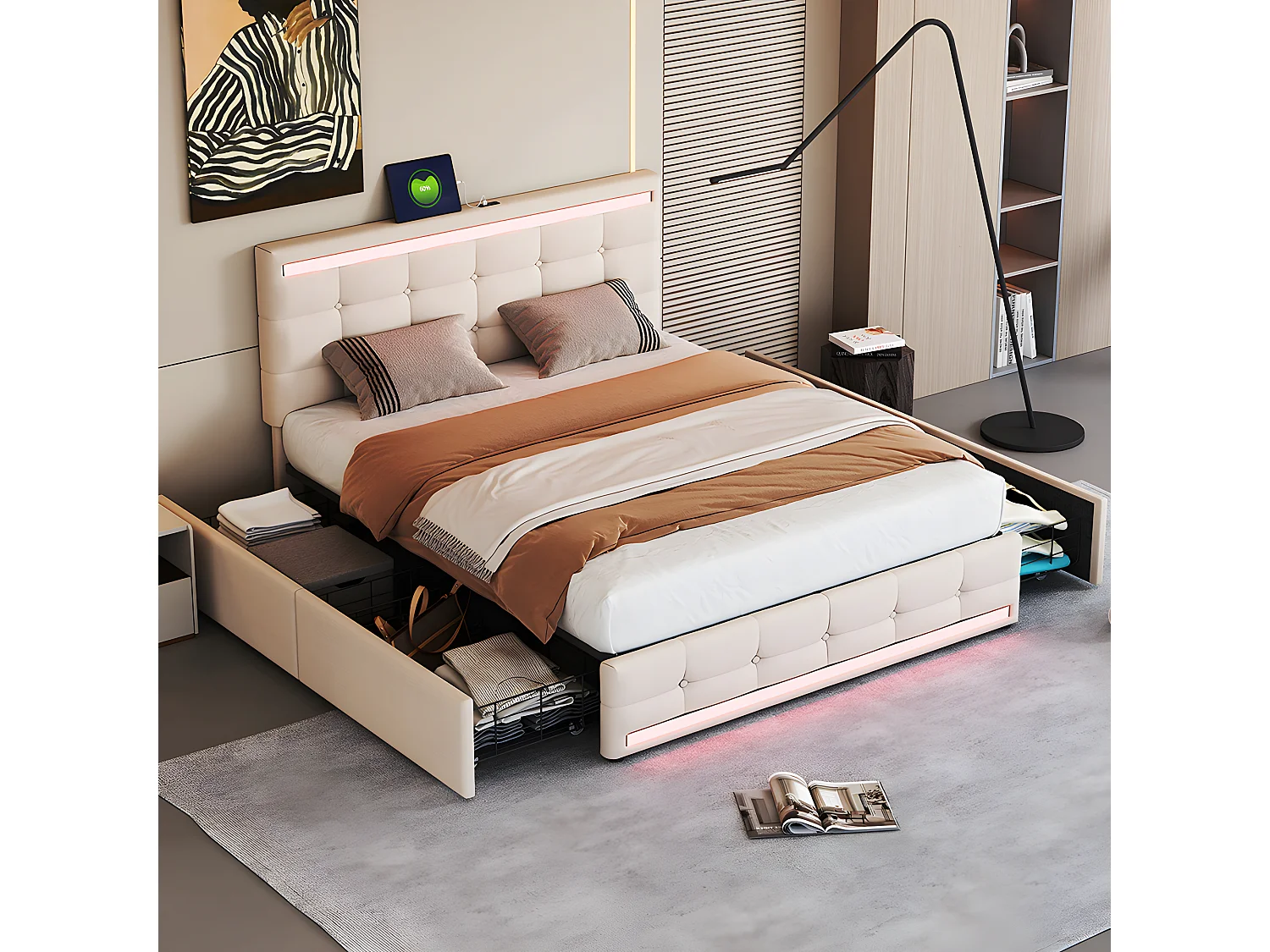 Lit avec tiroirs - 140 x 200 avec 2 stations de charge USB - avec lampes à LED - Beige - Sweiko