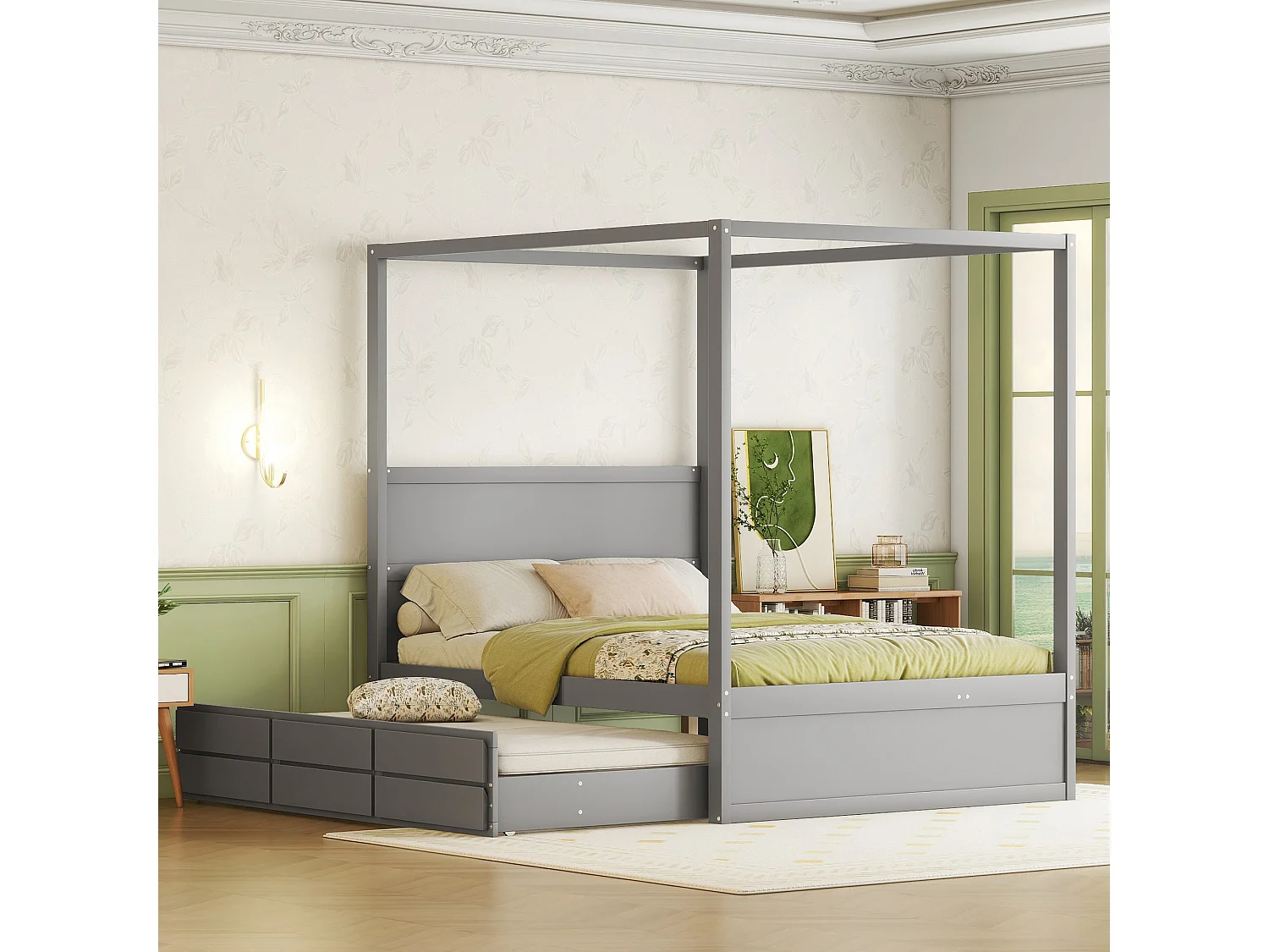 Lit cabane Lit 140 x 200 cm Lit à baldaquin lit gigogne à une place - gris- Sweiko