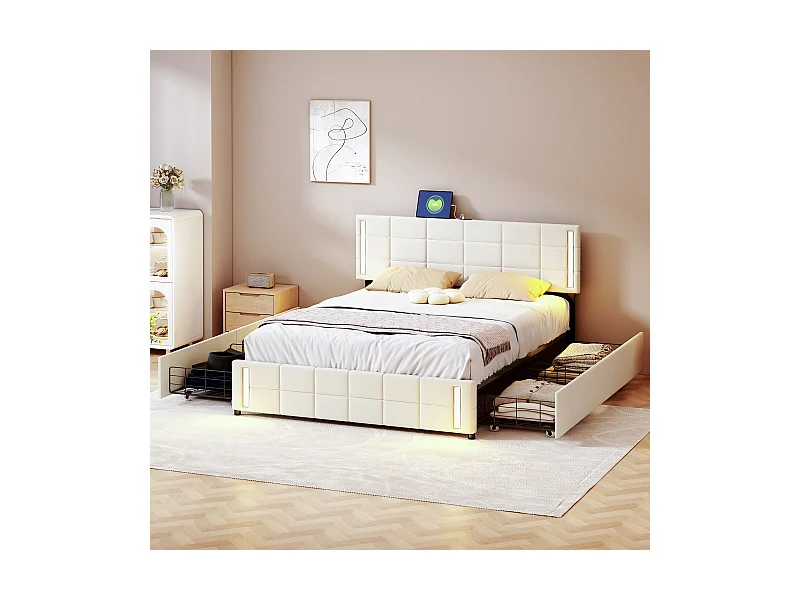 Lit avec tiroirs Lit adulte 140x200 cm avec prise de lumière LED  - Beige - Sweiko