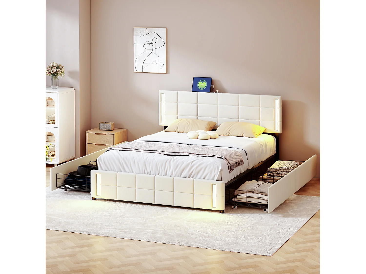 Lit avec tiroirs Lit adulte 140x200 cm avec prise de lumière LED  - Beige - Sweiko