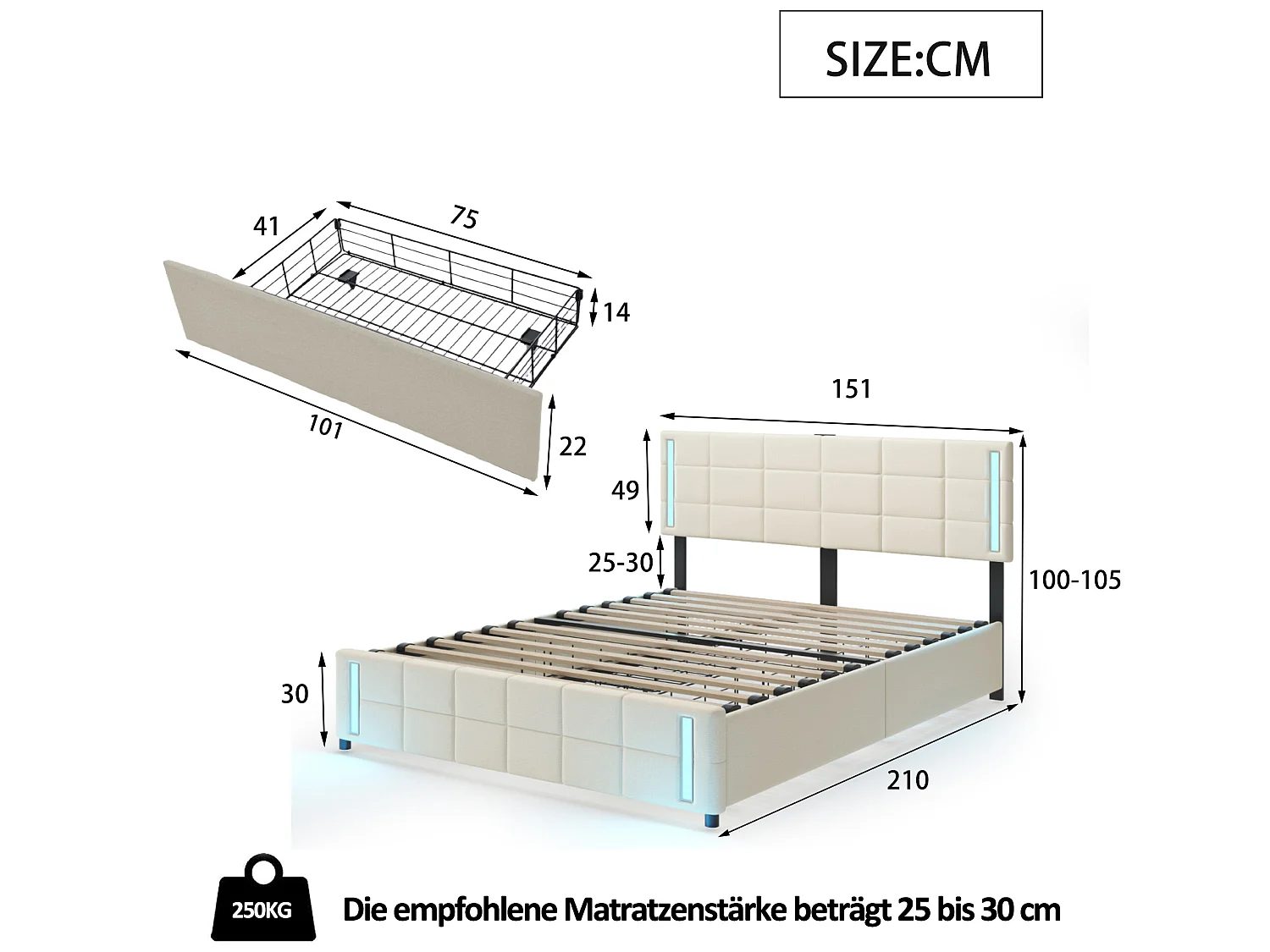 Lit avec tiroirs Lit adulte 140x200 cm avec prise de lumière LED  - Beige - Sweiko