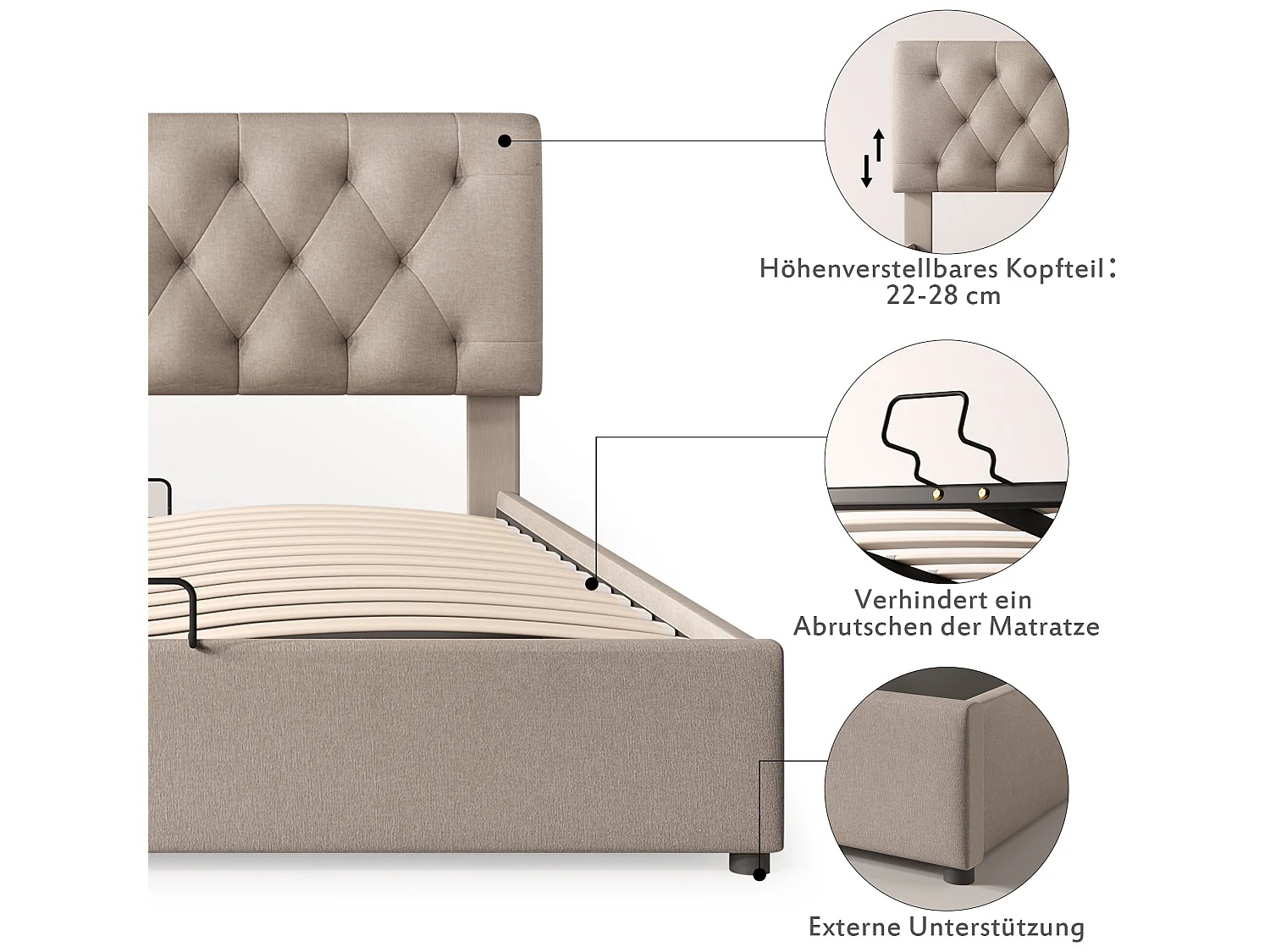 Lit adulte Lit double avec sommier, tête de lit confortable et réglable 160x200 cm