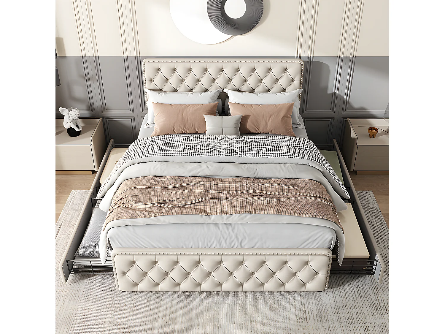 Lit avec 4 tiroirs - 140 x 200 cm - Beige - Sweiko