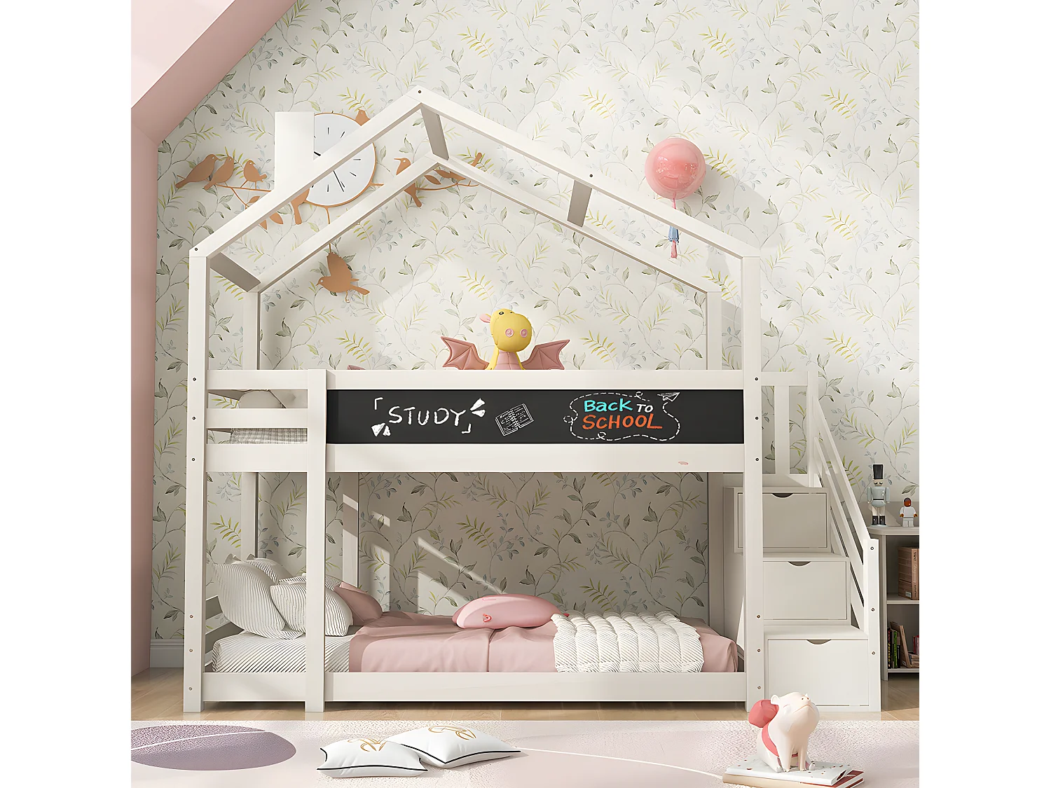 Lit mezzanine cabane avec escalier de rangement - 3 tiroirs - 90x200cm - bois massif - blanc - Sweiko