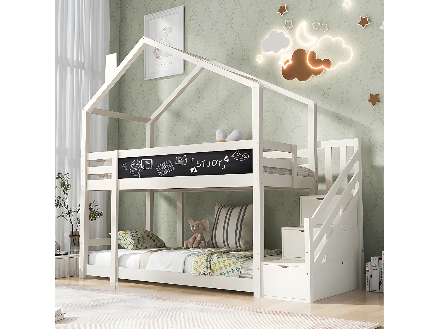 Lit mezzanine cabane avec escalier de rangement - 3 tiroirs - 90x200cm - bois massif - blanc - Sweiko