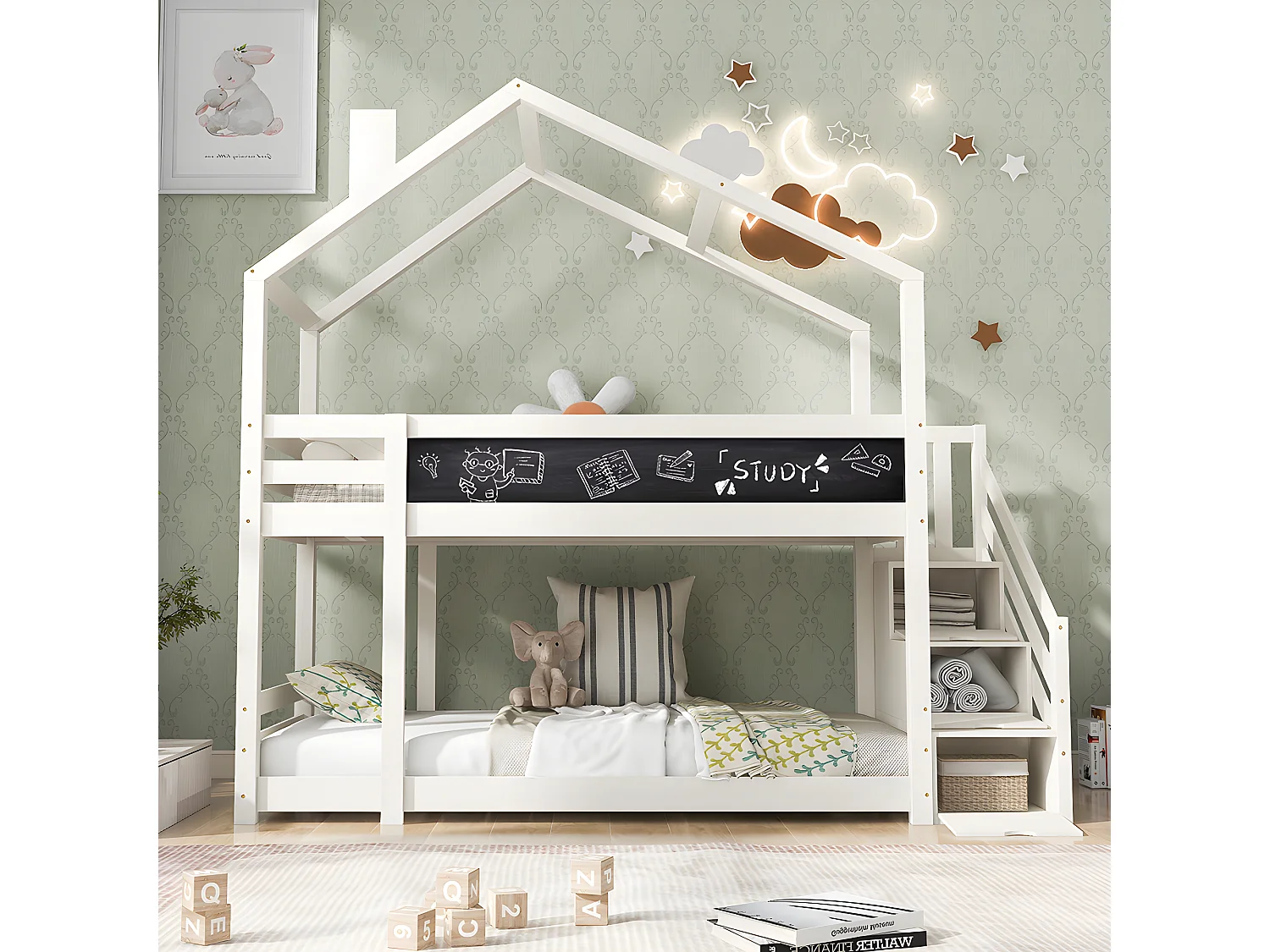 Lit mezzanine cabane avec escalier de rangement - 3 tiroirs - 90x200cm - bois massif - blanc - Sweiko