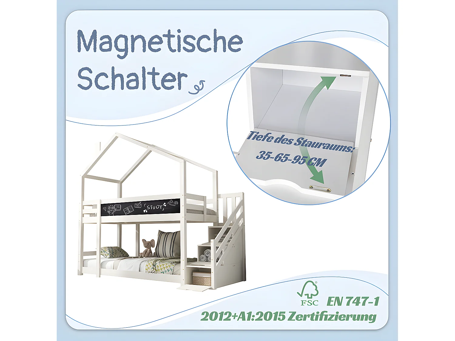 Lit mezzanine cabane avec escalier de rangement - 3 tiroirs - 90x200cm - bois massif - blanc - Sweiko