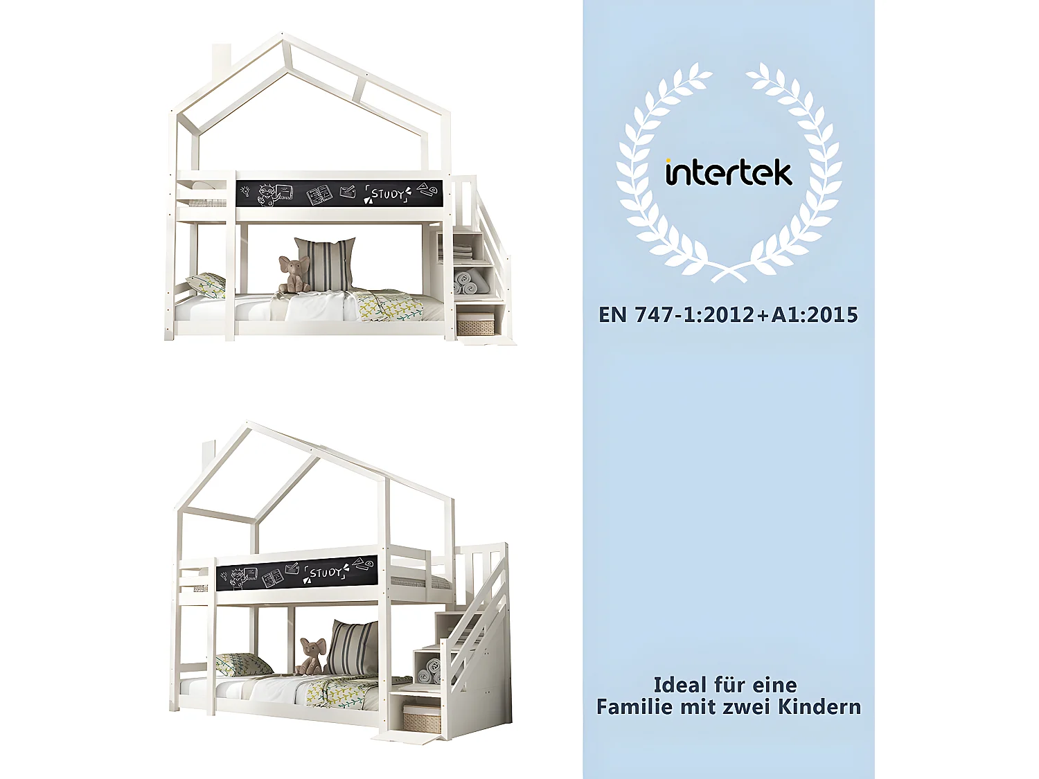 Lit mezzanine cabane avec escalier de rangement - 3 tiroirs - 90x200cm - bois massif - blanc - Sweiko