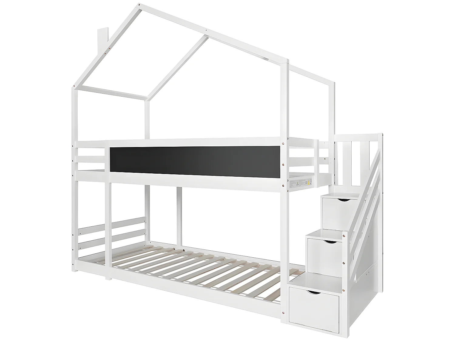 Lit mezzanine cabane avec escalier de rangement - 3 tiroirs - 90x200cm - bois massif - blanc - Sweiko