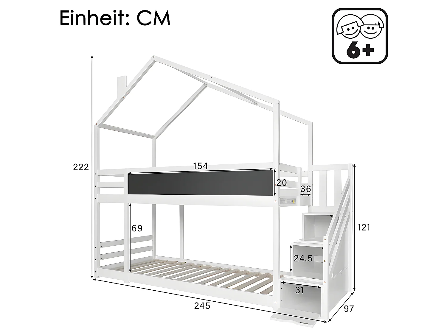 Lit mezzanine cabane avec escalier de rangement - 3 tiroirs - 90x200cm - bois massif - blanc - Sweiko