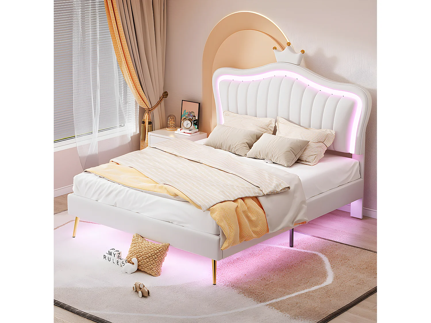 Lit LED avec tête de lit - 140 x 200 cm - Blanc - Sweiko