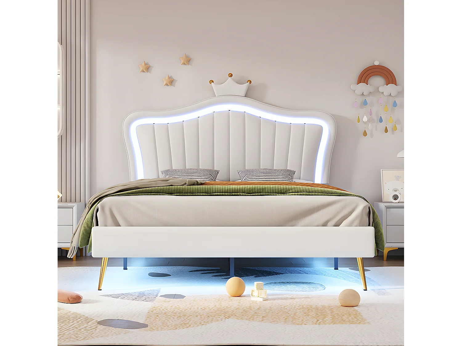 Lit LED avec tête de lit - 140 x 200 cm - Blanc - Sweiko