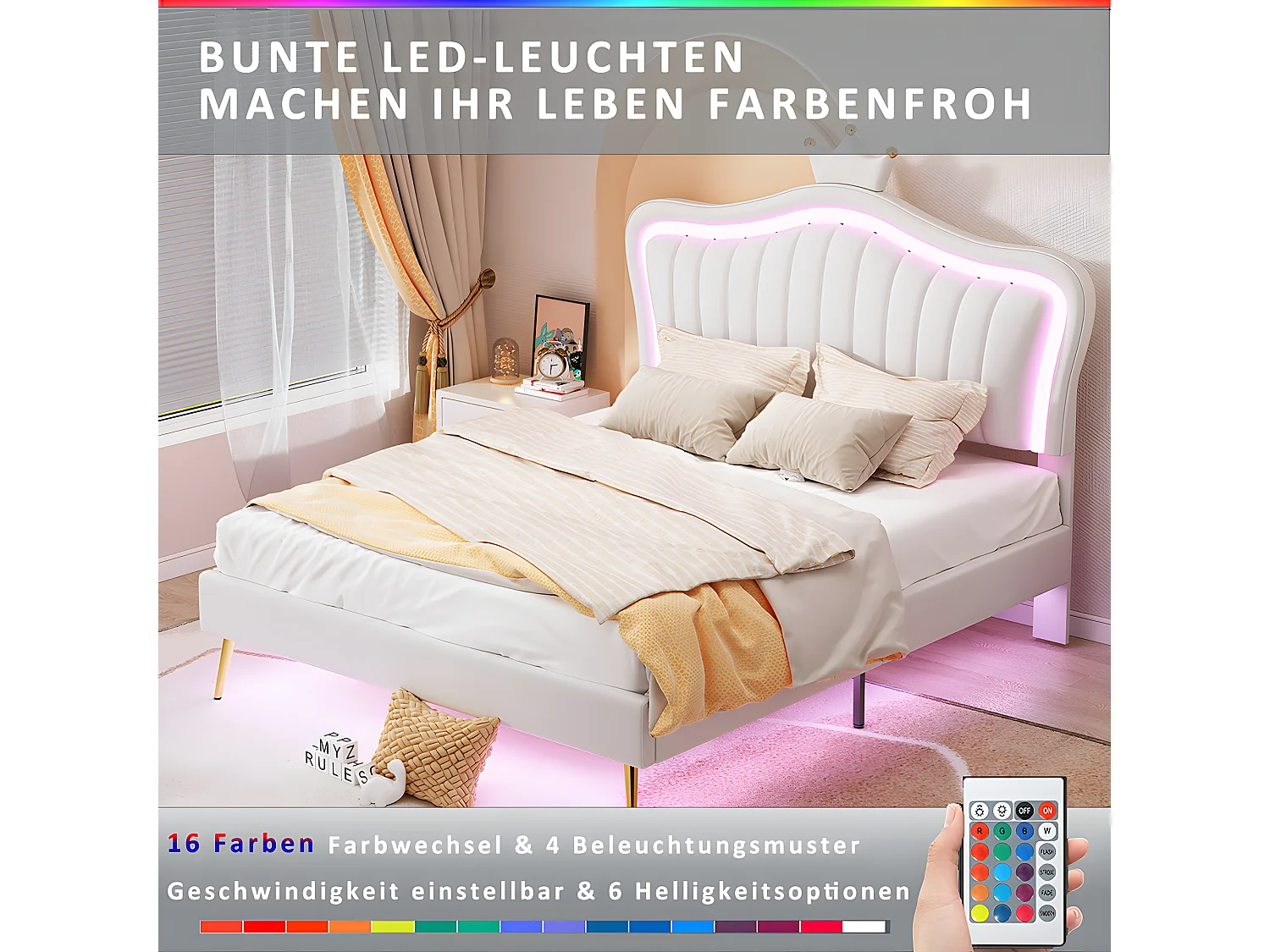 Lit LED avec tête de lit - 140 x 200 cm - Blanc - Sweiko