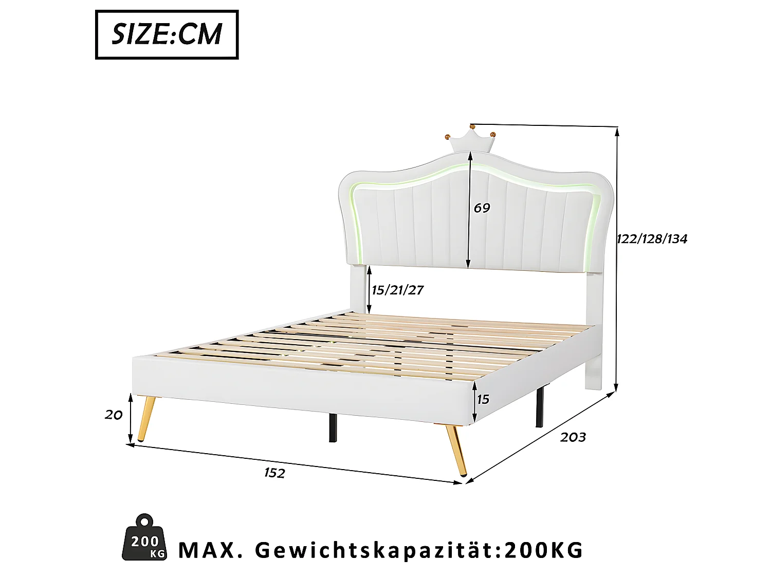 Lit LED avec tête de lit - 140 x 200 cm - Blanc - Sweiko