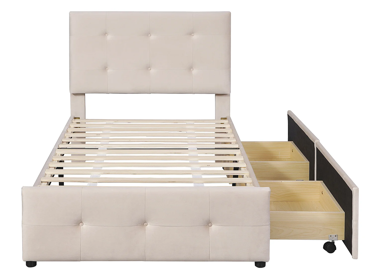 Lit avec tiroirs Lit rembourré - 90 x 200 cm Tissu velours Beige (matelas non inclus) - Sweiko