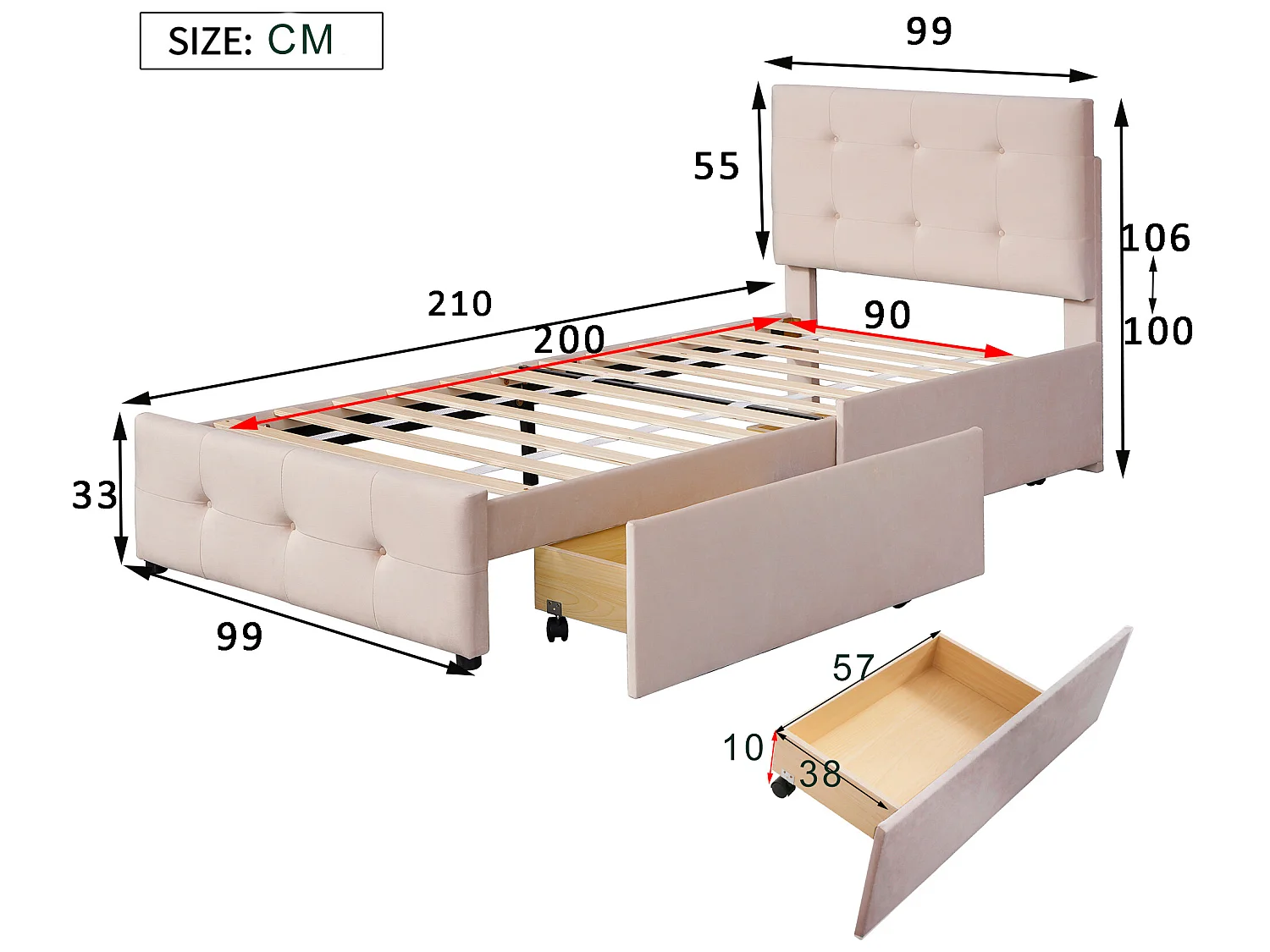 Lit avec tiroirs Lit rembourré - 90 x 200 cm Tissu velours Beige (matelas non inclus) - Sweiko
