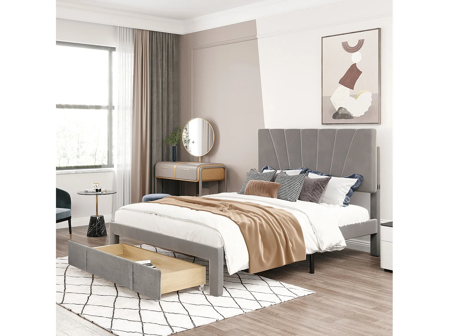 Lit avec tiroirs Lit double rembourré 140 x 200 cm - Gris sans matelas - Sweiko