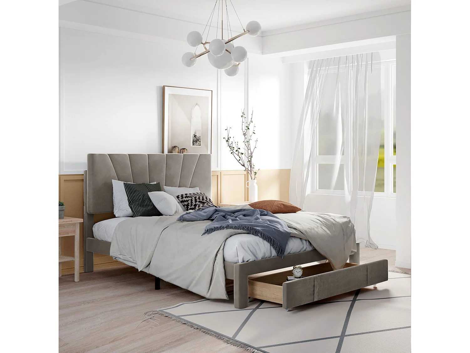 Lit avec tiroirs Lit double rembourré 140 x 200 cm - Gris sans matelas - Sweiko