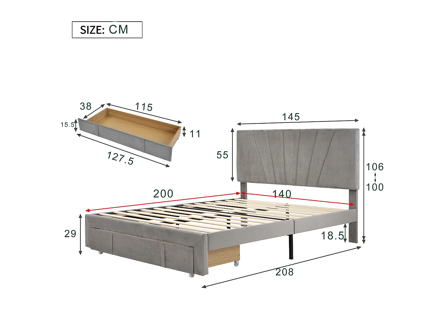 Lit avec tiroirs Lit double rembourré 140 x 200 cm - Gris sans matelas - Sweiko