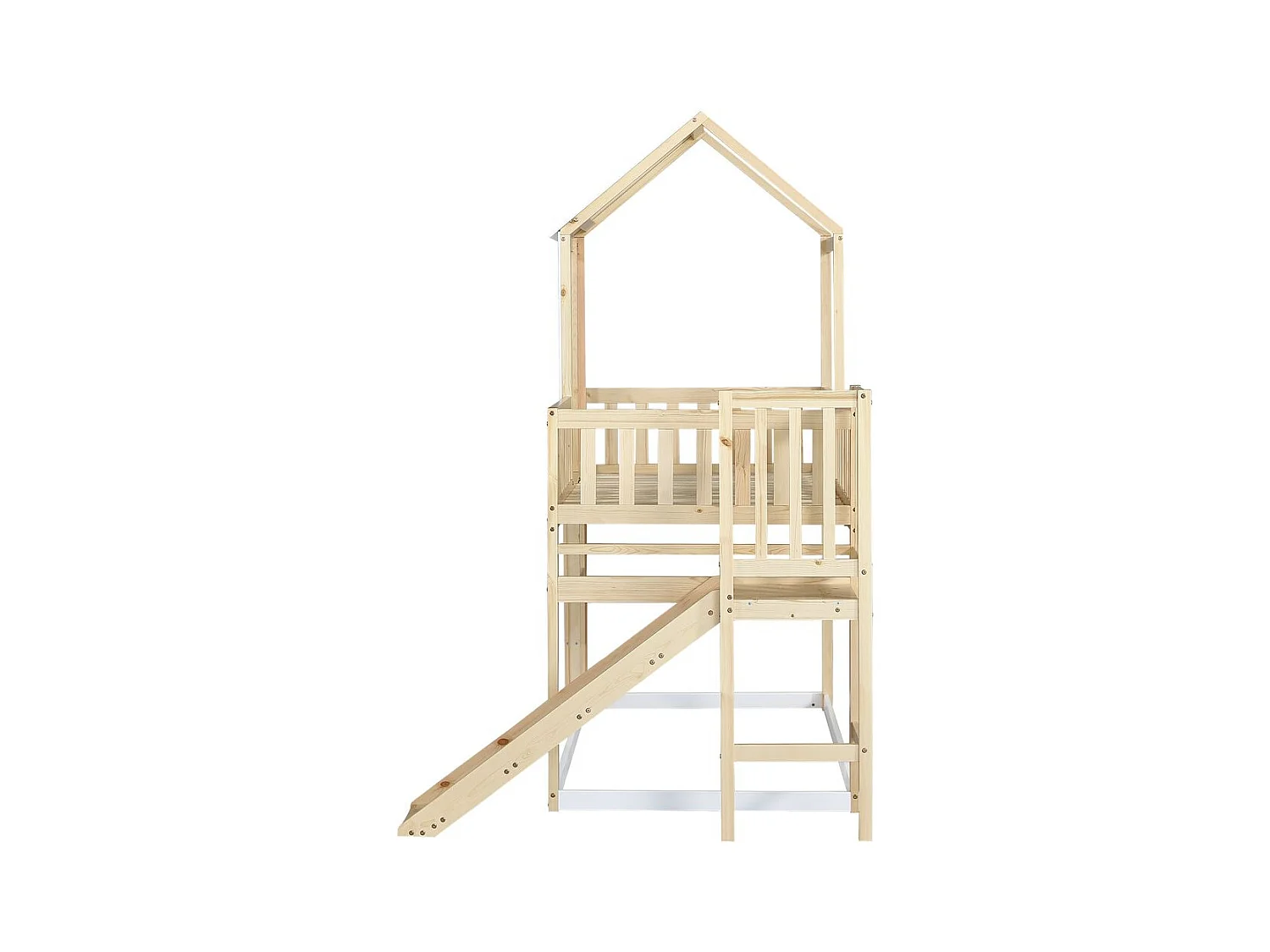 Lit superposé avec escalier - toboggan - sommier à lattes - 90x200cm - pin - blanc - Sweiko