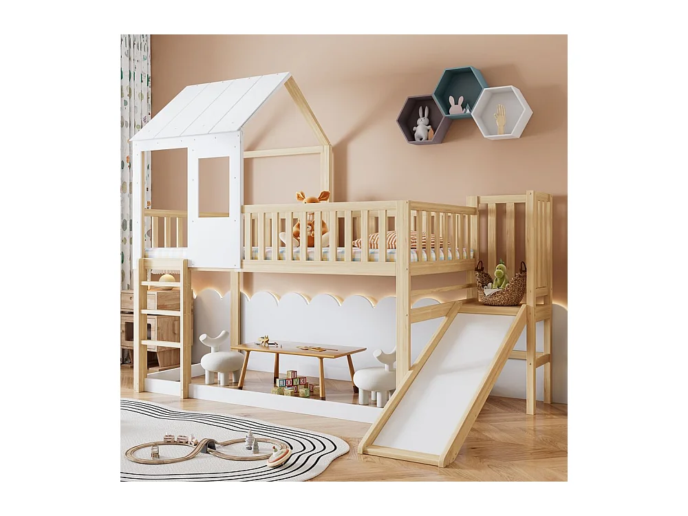 Lit superposé avec escalier - toboggan - sommier à lattes - 90x200cm - pin - blanc - Sweiko