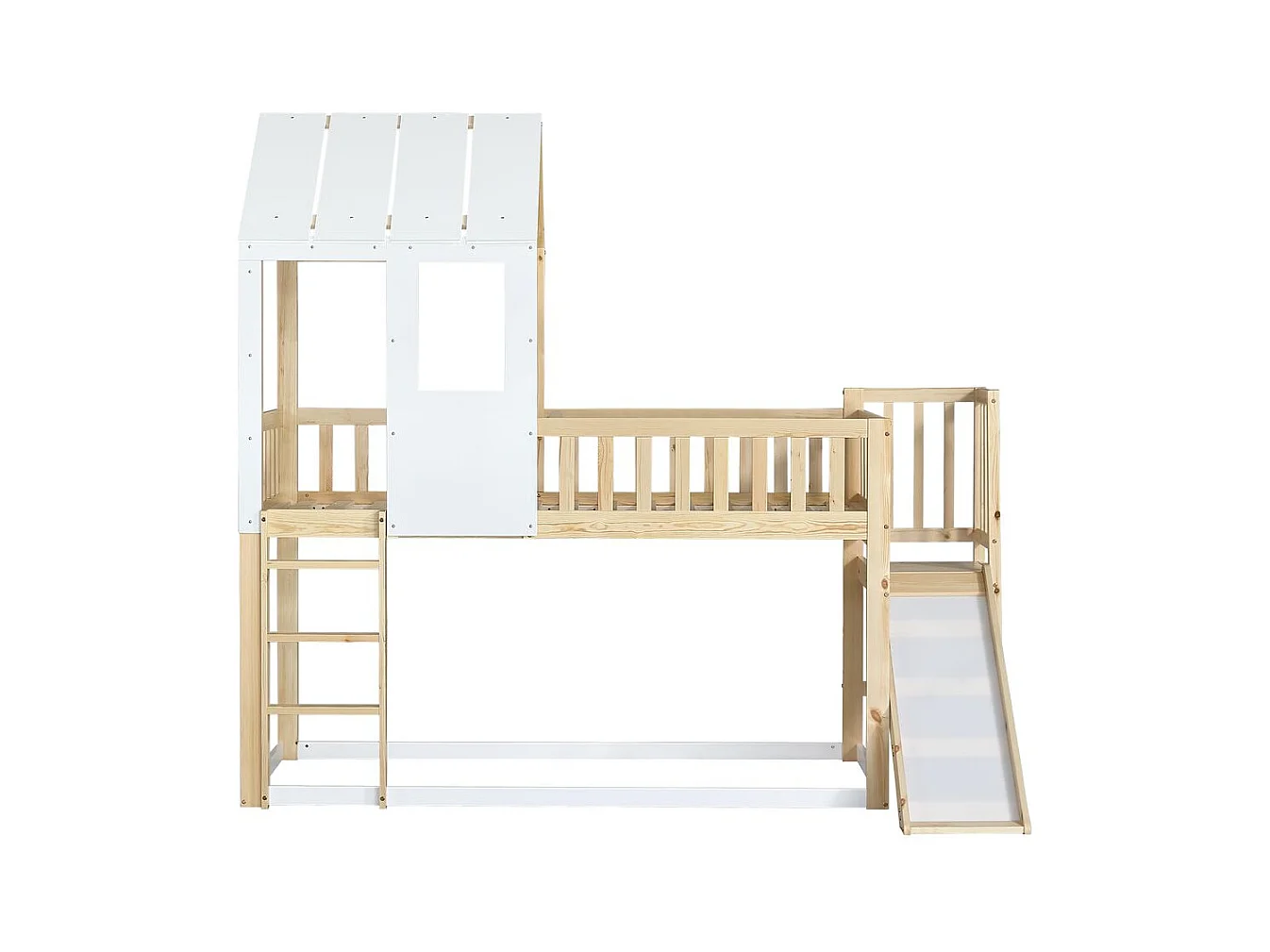 Lit superposé avec escalier - toboggan - sommier à lattes - 90x200cm - pin - blanc - Sweiko