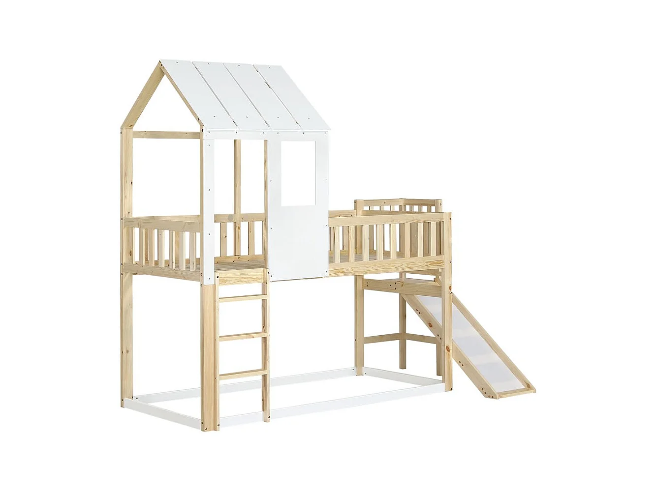 Lit superposé avec escalier - toboggan - sommier à lattes - 90x200cm - pin - blanc - Sweiko