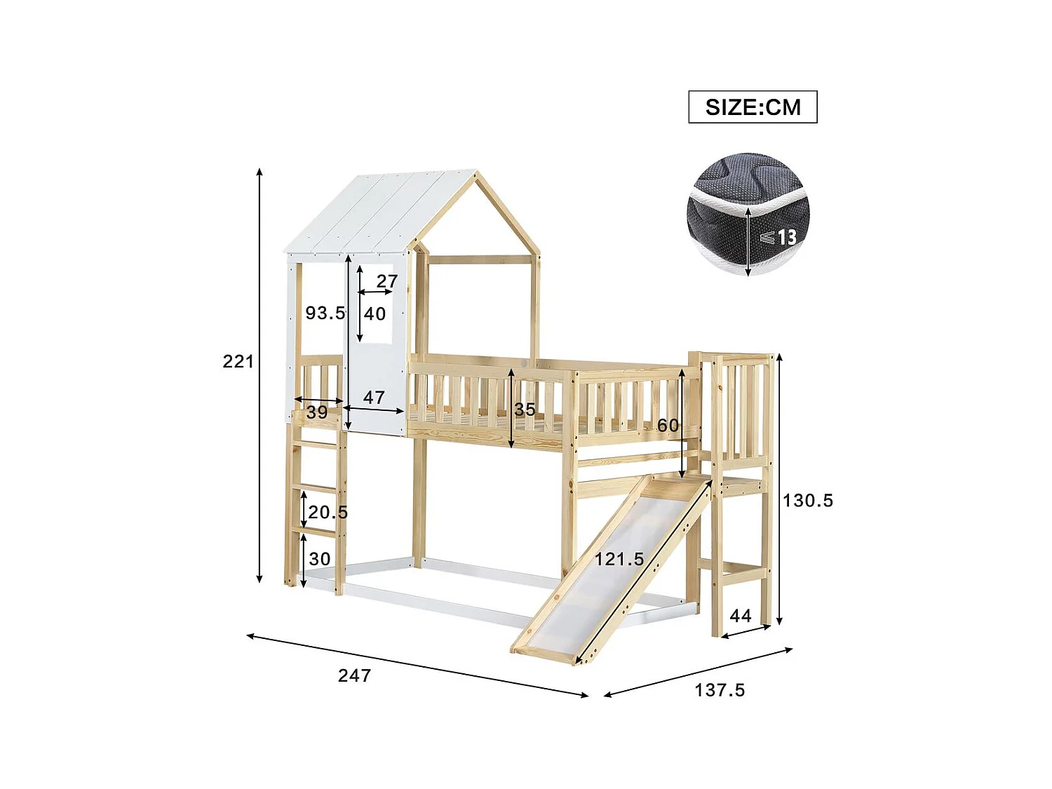 Lit superposé avec escalier - toboggan - sommier à lattes - 90x200cm - pin - blanc - Sweiko