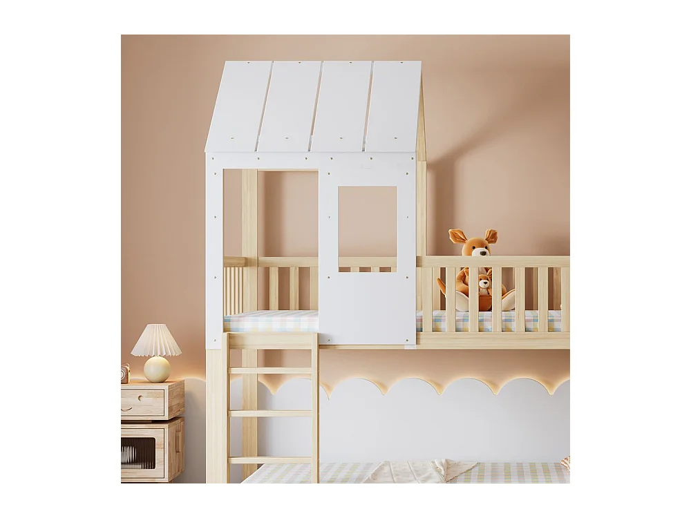 Lit superposé avec escalier - toboggan - sommier à lattes - 90x200cm - pin - blanc - Sweiko