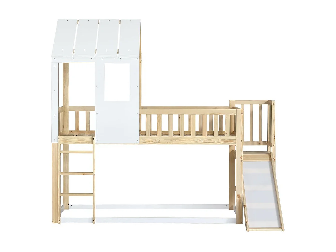 Lit superposé avec escalier - toboggan - sommier à lattes - 90x200cm - pin - blanc - Sweiko