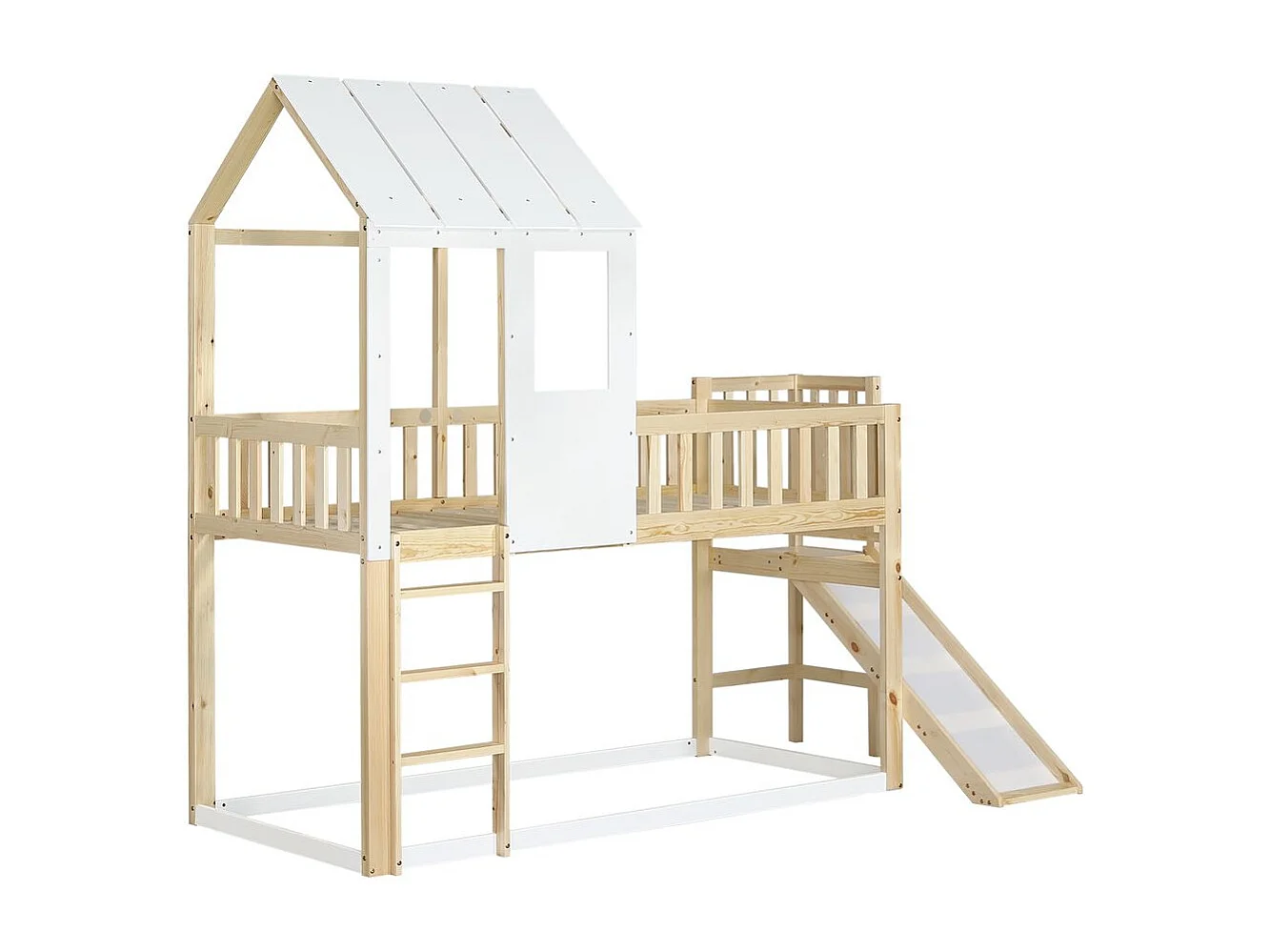 Lit superposé avec escalier - toboggan - sommier à lattes - 90x200cm - pin - blanc - Sweiko