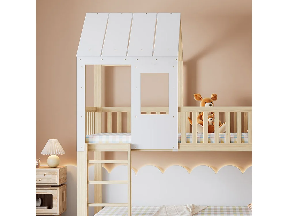 Lit superposé avec escalier - toboggan - sommier à lattes - 90x200cm - pin - blanc - Sweiko