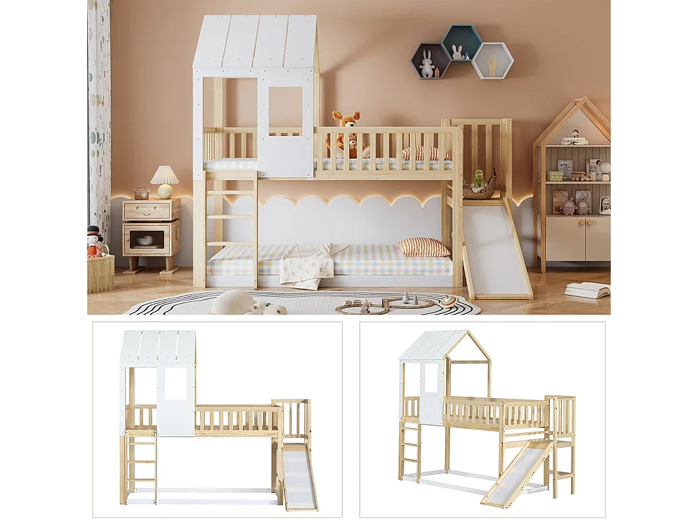 Lit superposé avec escalier - toboggan - sommier à lattes - 90x200cm - pin - blanc - Sweiko