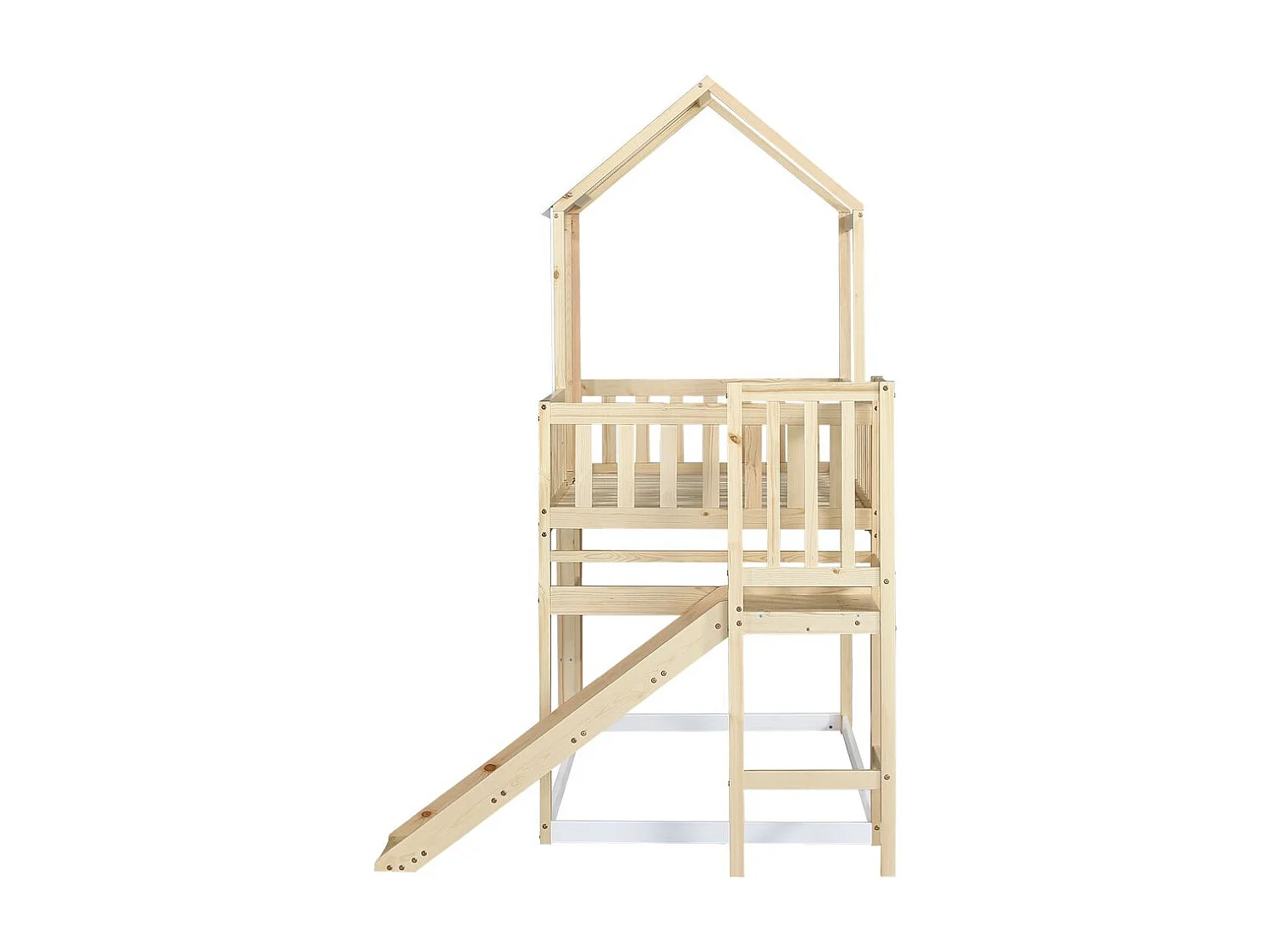 Lit superposé avec escalier - toboggan - sommier à lattes - 90x200cm - pin - blanc - Sweiko