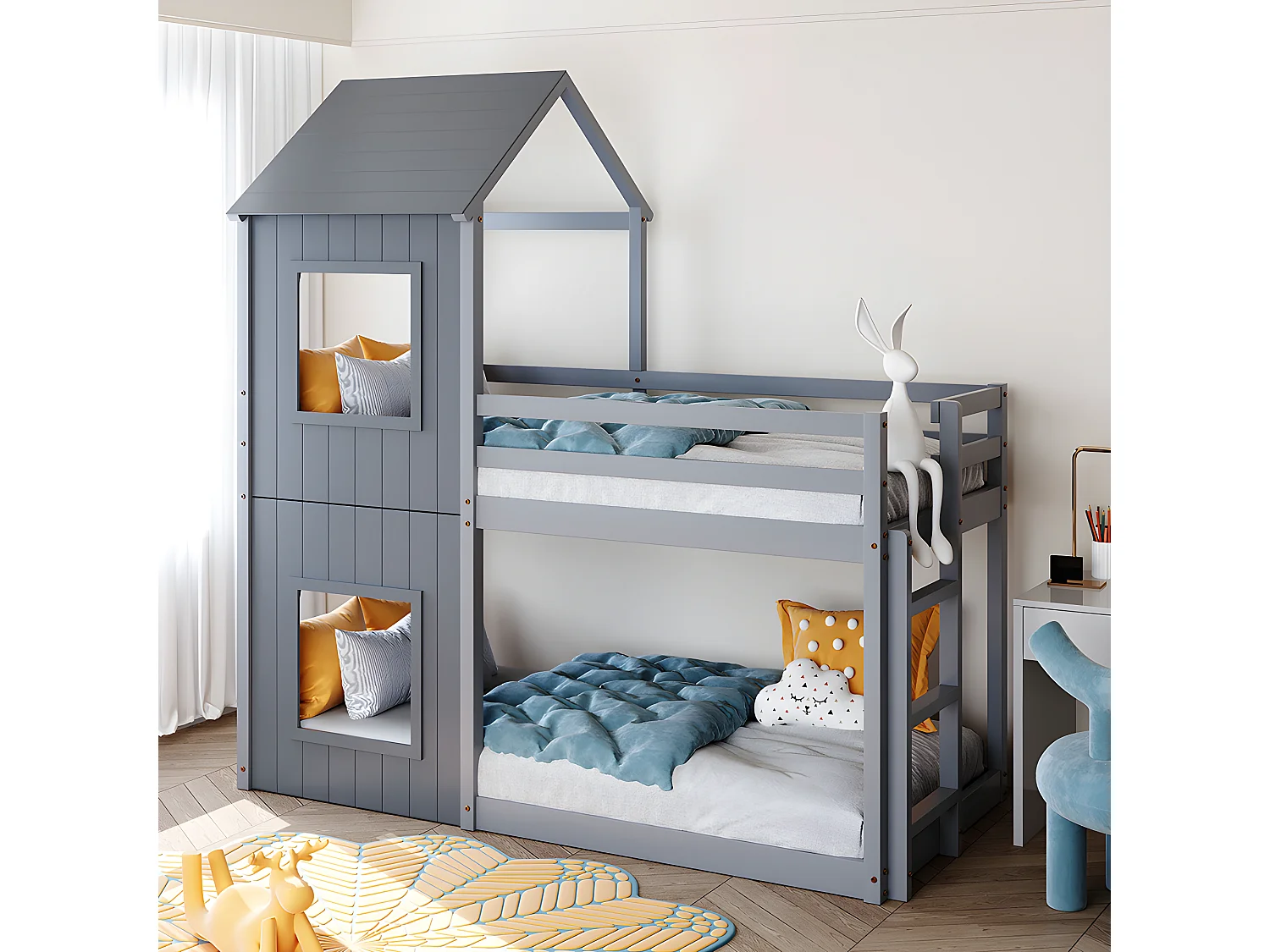 Lit superposé cabane - échelle - 90x200cm - pin massif - Gris - Sweiko