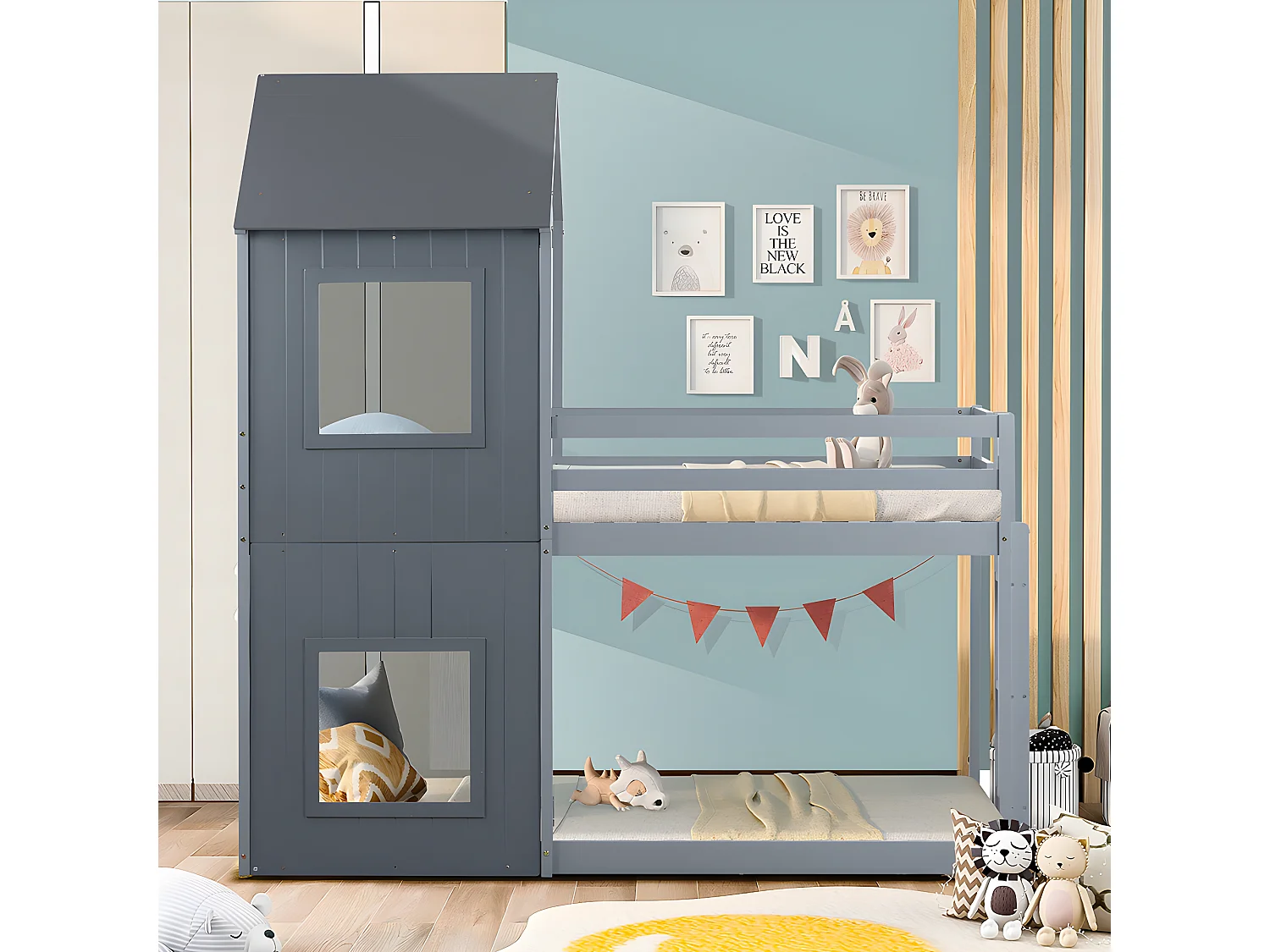 Lit superposé cabane - échelle - 90x200cm - pin massif - Gris - Sweiko