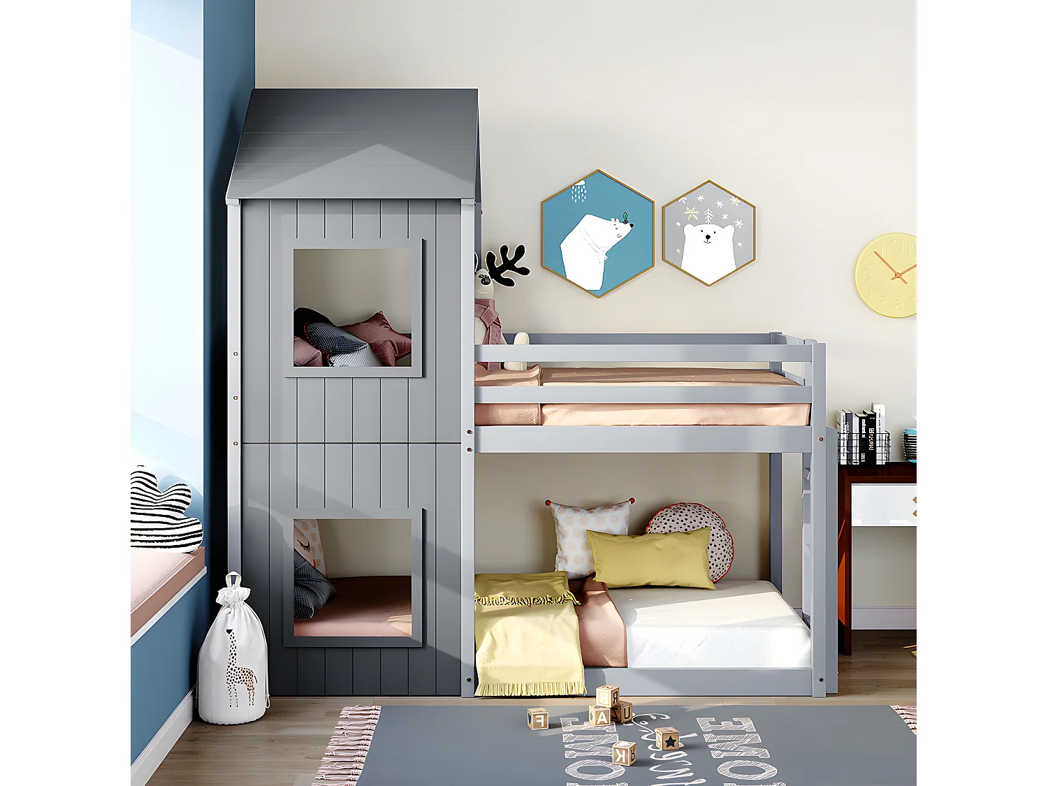 Lit superposé cabane - échelle - 90x200cm - pin massif - Gris - Sweiko