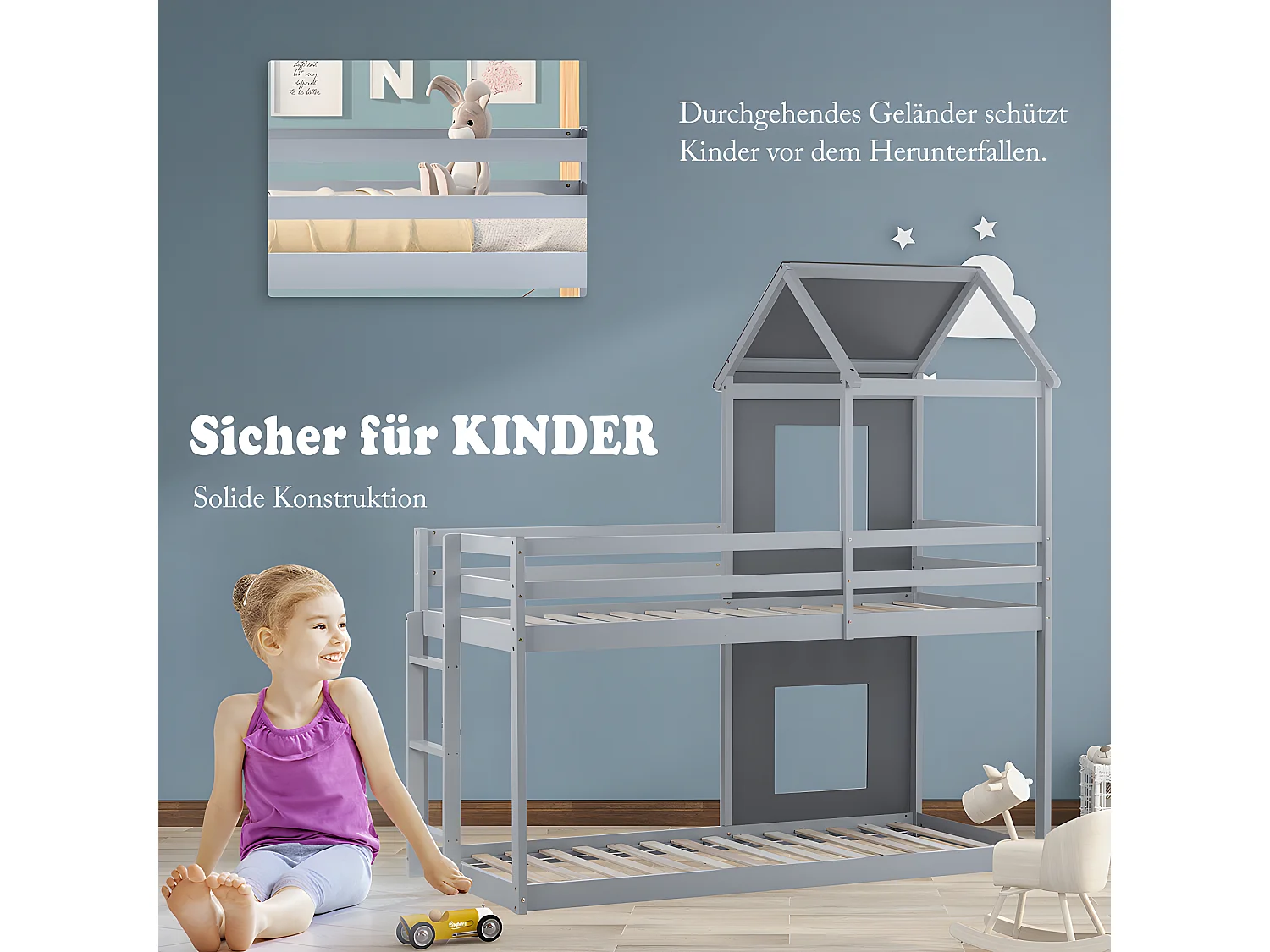 Lit superposé cabane - échelle - 90x200cm - pin massif - Gris - Sweiko