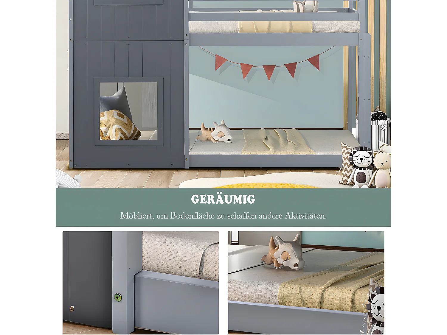 Lit superposé cabane - échelle - 90x200cm - pin massif - Gris - Sweiko