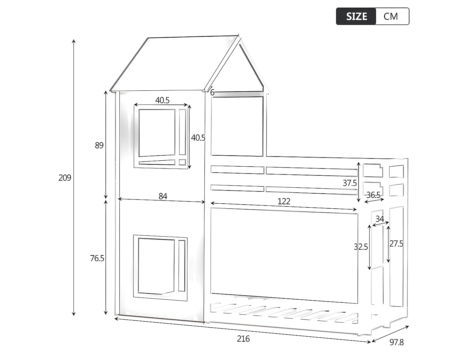 Lit superposé cabane - échelle - 90x200cm - pin massif - Gris - Sweiko