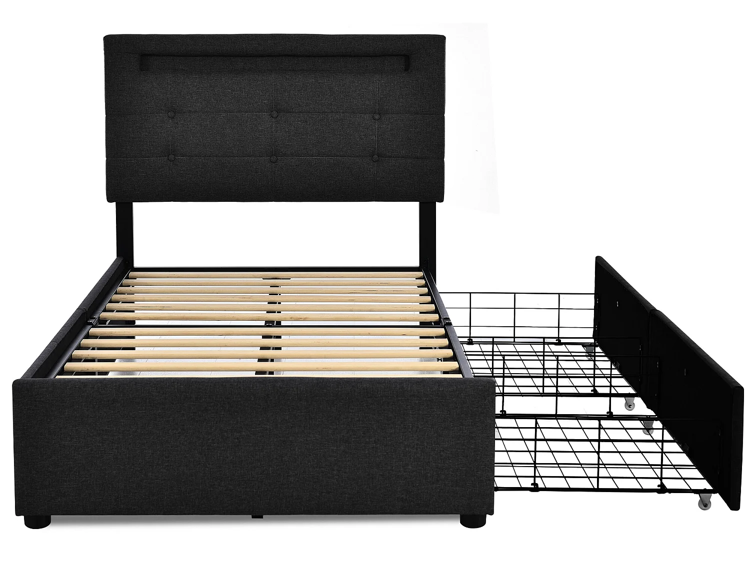 Lit avec tiroirs - 90x200cm avec éclairage LED et 2 tiroirs Noir - Sweiko