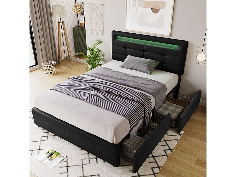 Lit avec tiroirs - 90x200cm avec éclairage LED et 2 tiroirs Noir - Sweiko