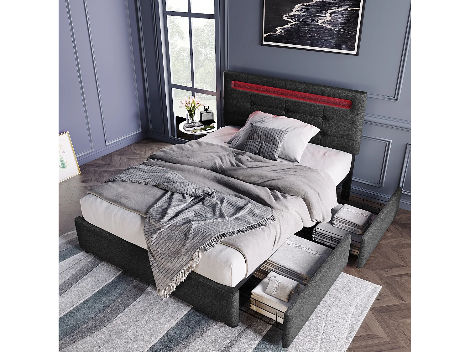 Lit avec tiroirs - 90x200cm avec éclairage LED et 2 tiroirs Gris (sans matelas) - Sweiko