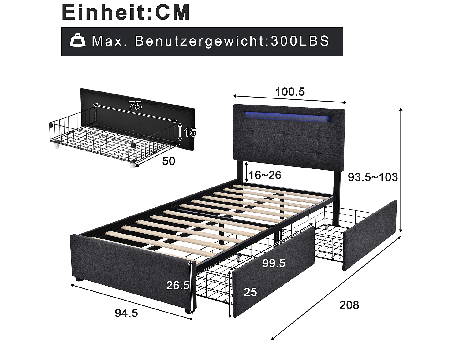 Lit avec tiroirs - 90x200cm avec éclairage LED et 2 tiroirs Gris (sans matelas) - Sweiko