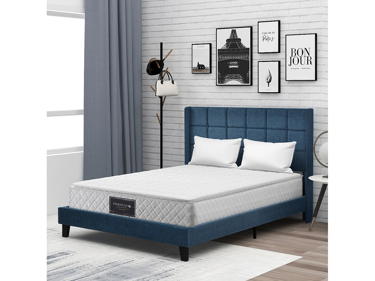 Lit adulte capitonné Tête de lit haute Design moderne 140x200 cm, lin bleu - Sweiko