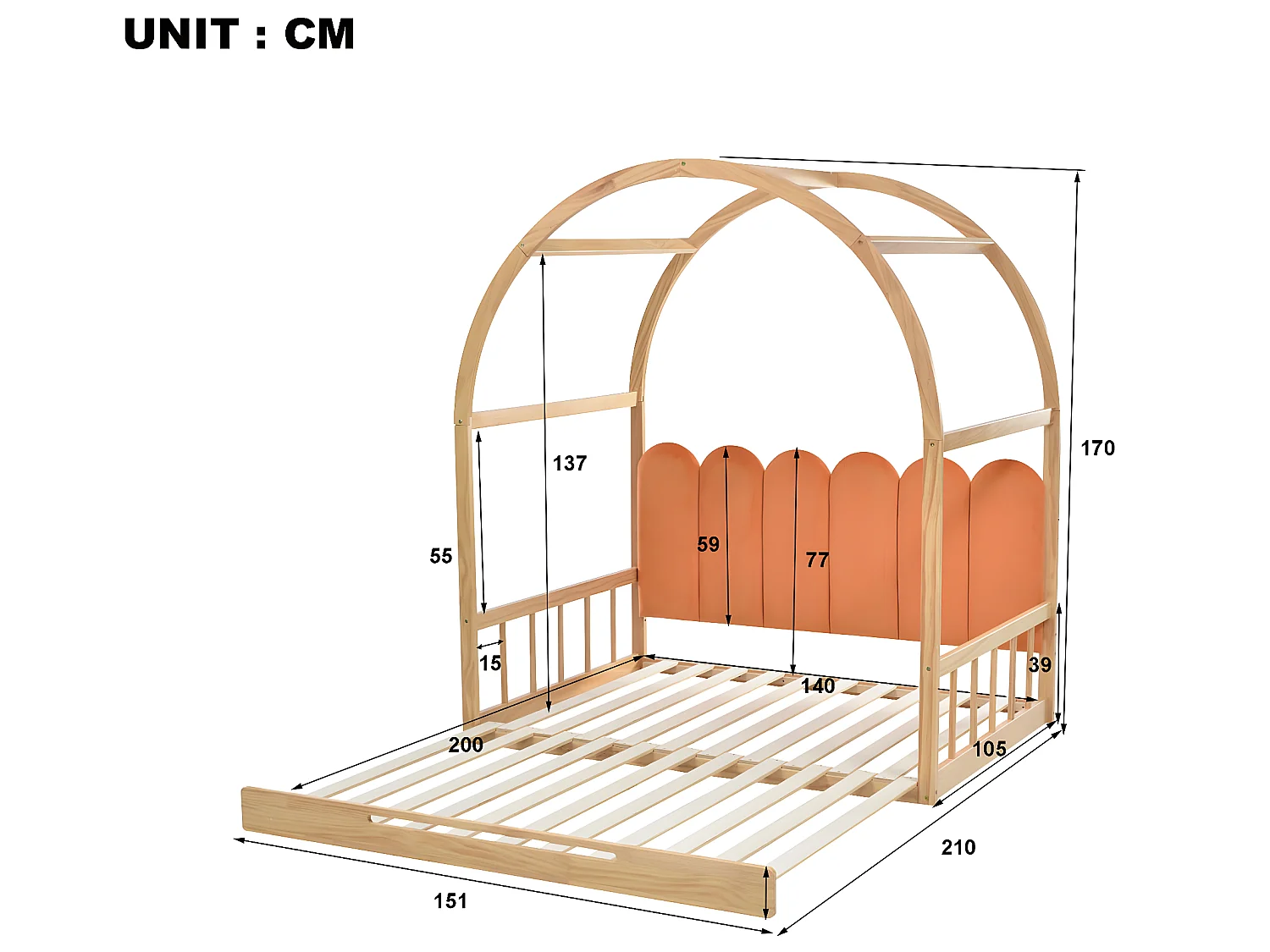 Lit gigogne avec sommier à lattes - 140 x 200 cm - Pin - Naturel- Sweiko